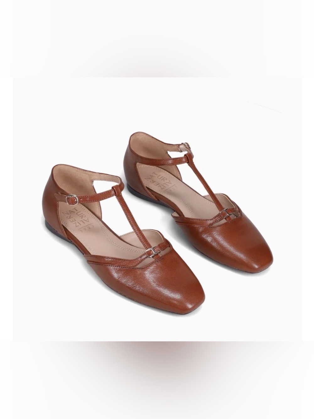 Naturalizer Brown T-Strap Square-Toe Flats, Camel, NWT, Size 9